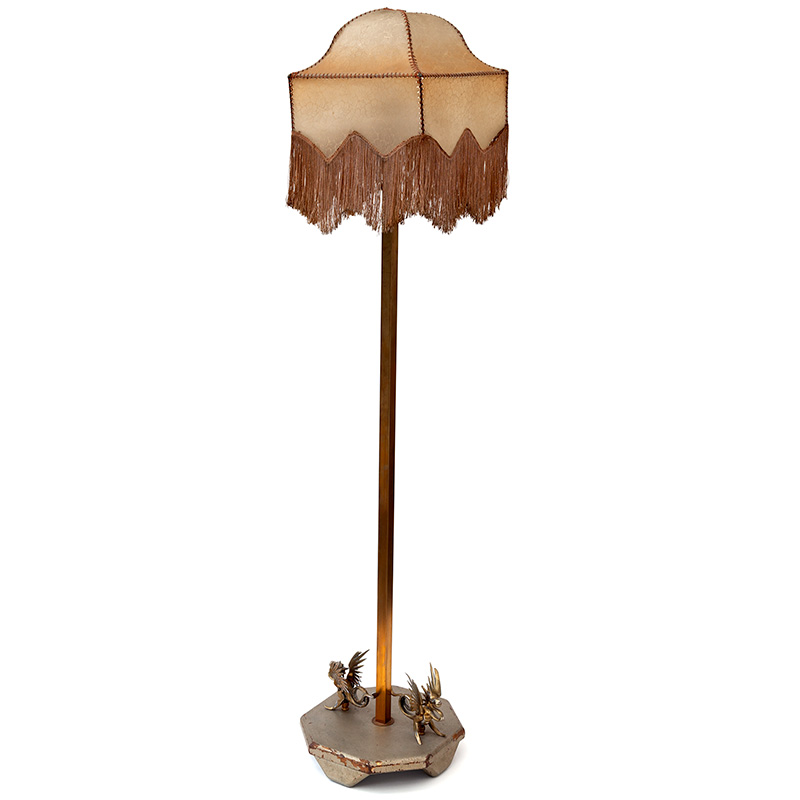 Art Deco Floor Lamp Decorated with Cast Brass Griffins with a Square Parchment Shade