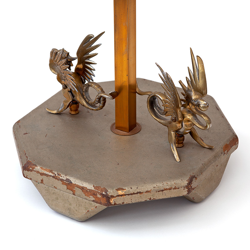 Art Deco Floor Lamp Decorated with Cast Brass Griffins with a Square Parchment Shade