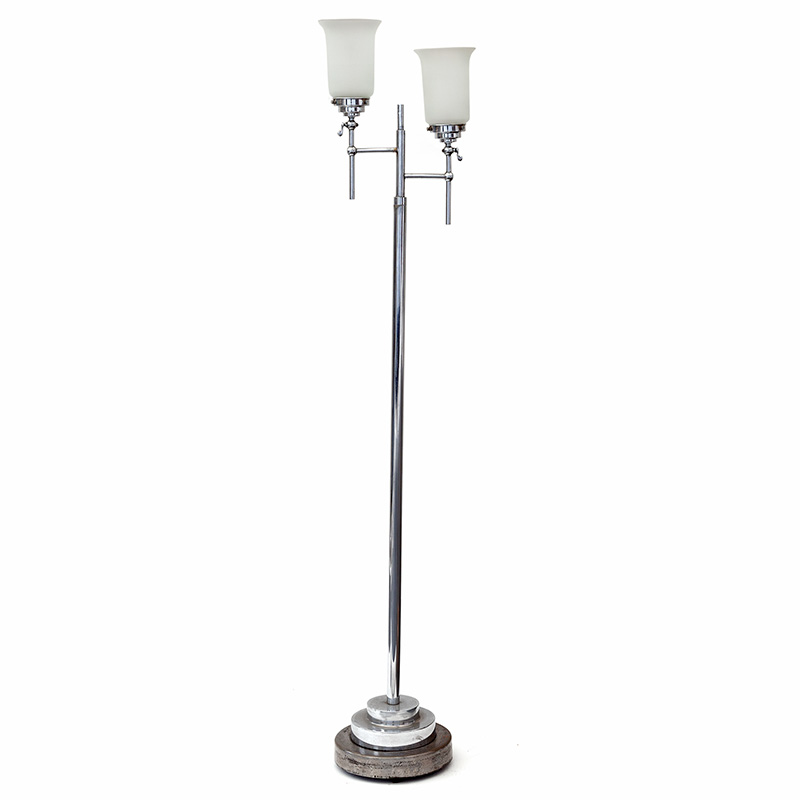 Antique Art Deco converted gas floor lamp in chrome and cast iron, fitted with stepped circular base supporting two frosted glass shades. (c.1920).