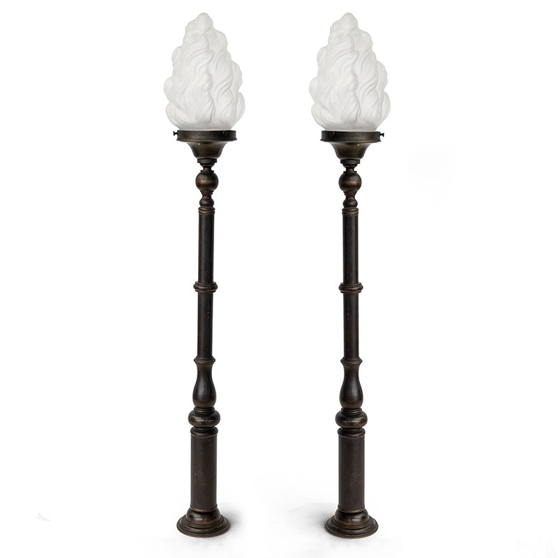 Pair of Patinated Brass Newal Post Lamps with Flambeau Glass Shades