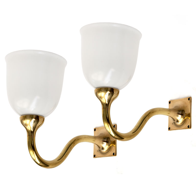Pair of Art Deco Cast Brass Swan Necked Wall Lights with Opal Bell Shaped Glass Shades