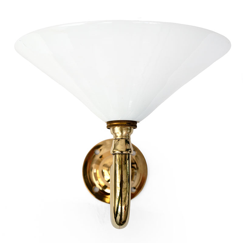 Pair of Art Deco Brass Swan Necked Wall Lights with Opal Glass Shades