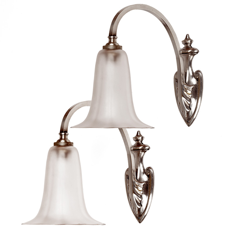 Pair Art Nouveau Silver Plated Wall Lights with Frosted Glass Tulip Shades