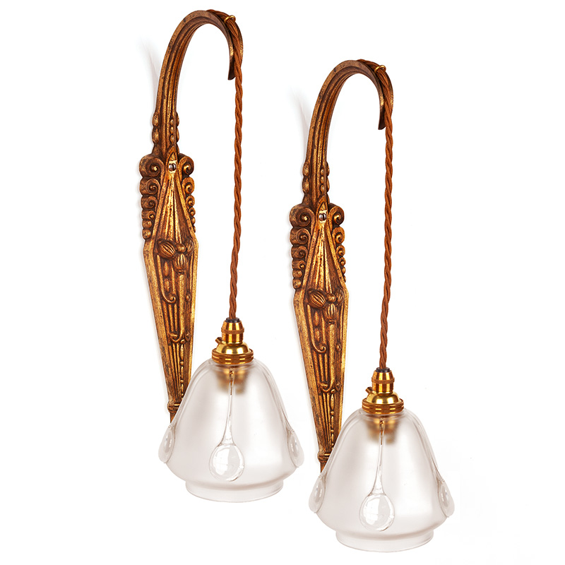 Pair Art Nouveau Guilded Wall Lights on Scrolling Branches with Bell Shaped Frosted Shades
