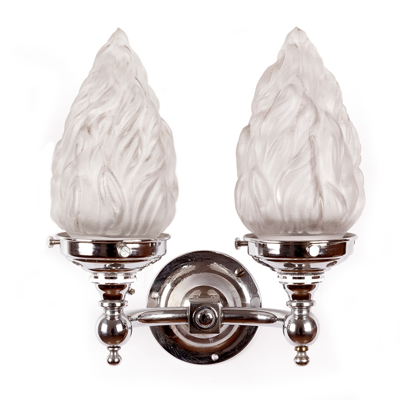 Pair of Art Deco Double Chromium Plated Brass Wall Lights with Frosted Flame Shades