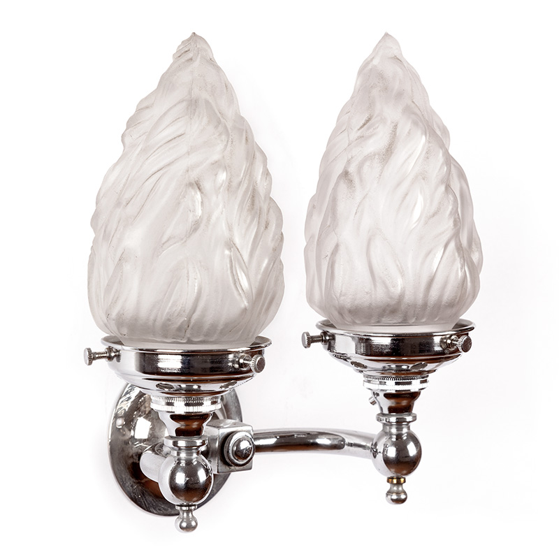 Pair of Art Deco Double Chromium Plated Brass Wall Lights with Frosted Flame Shades