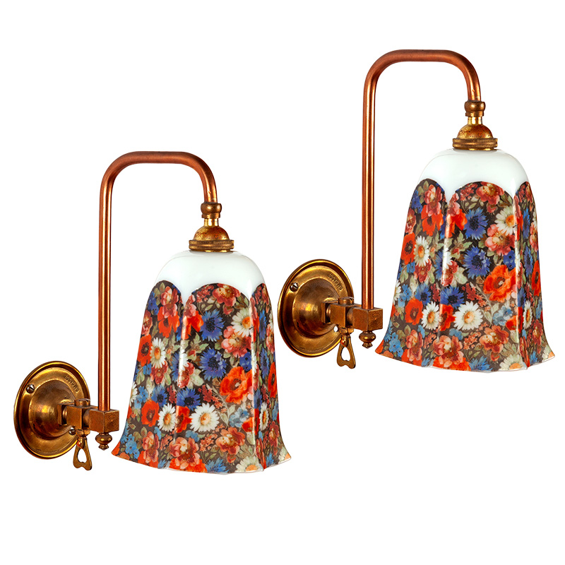 Pair of Art Deco converted gas wall lights in copper and brass supporting hexagonal shaped glass shades decorated with daisies and poppies. (c.1925).