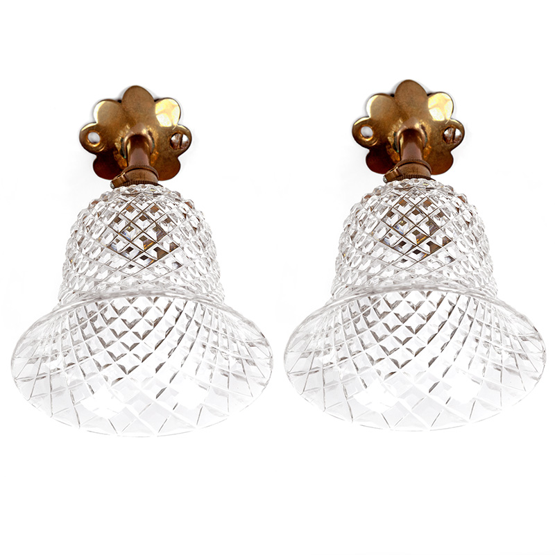 Pair of Edwardian Bijou Brass Wall Lights with Hobnail Glass Shades