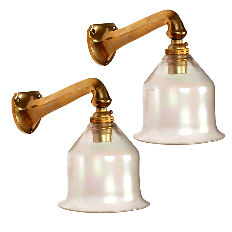 Pair of Brass Art Nouveau Shield Shaped Wall Lights with iridescent glass shades (c.1900)