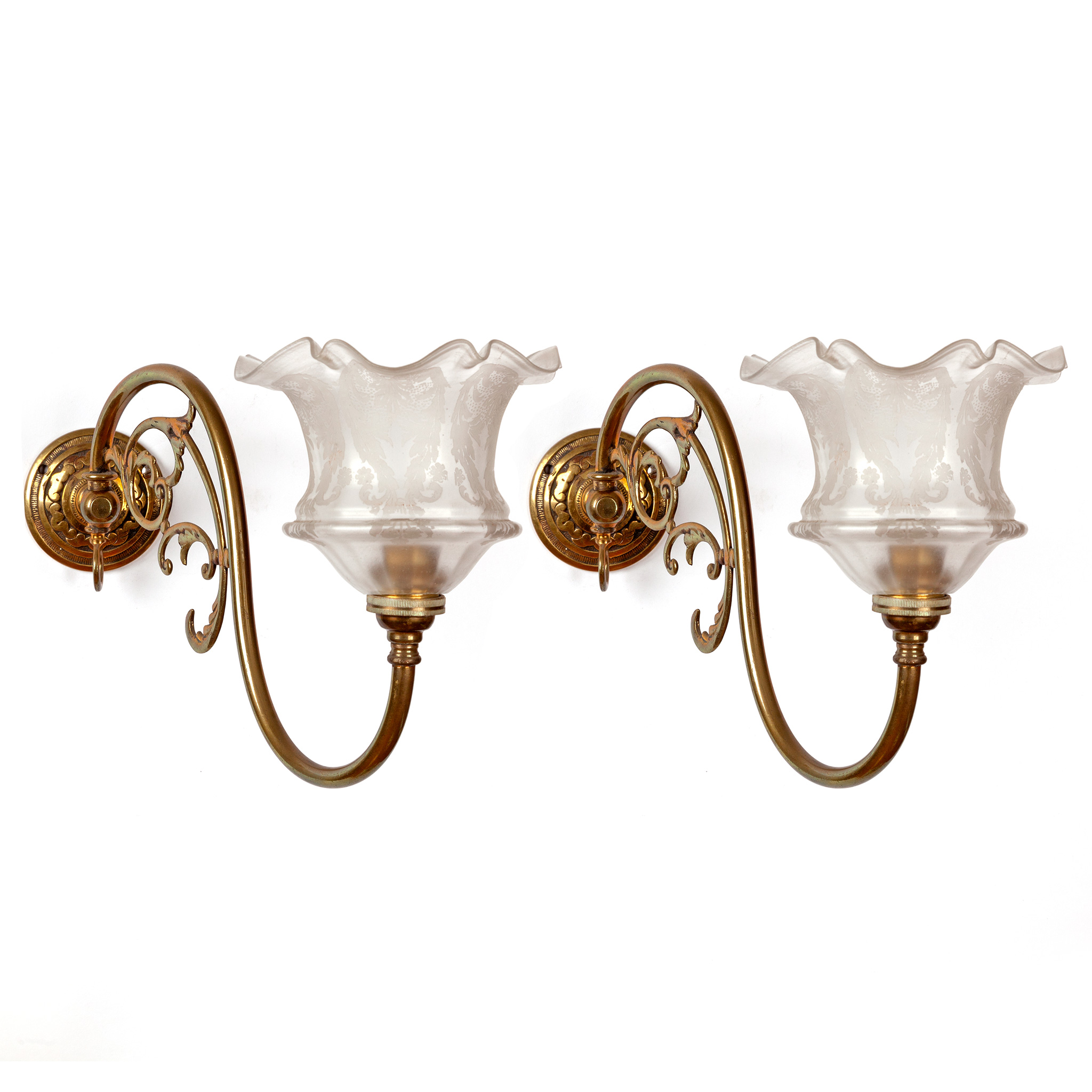 Pair of Decorative Victorian Swivelling Brass Wall Lights with Finely Etched Frosted Fluted Shades