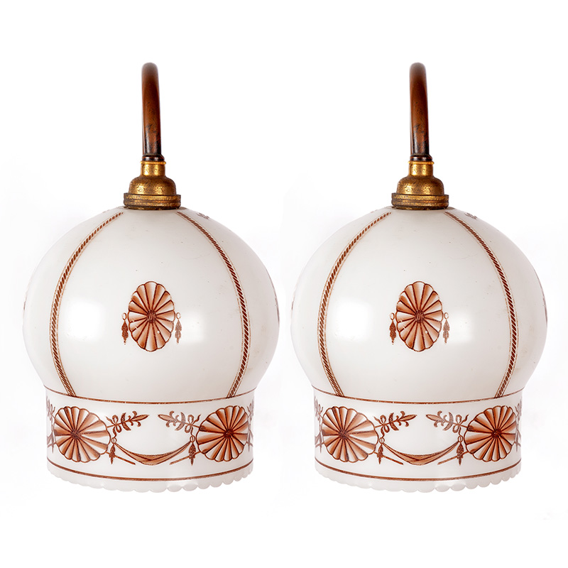 Pair Decorative Copper Oxidised Wall Lights with Hand Painted Glass Shades (c.1900)