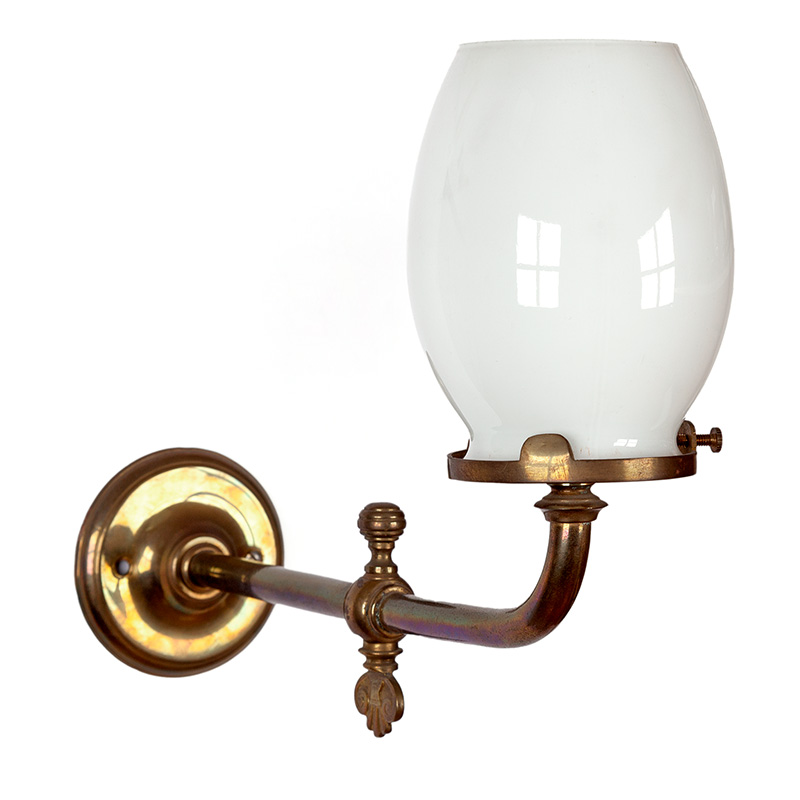 Pair of Patinated Brass Victorian Gas Wall Lights with Oval Opal Glass Shades