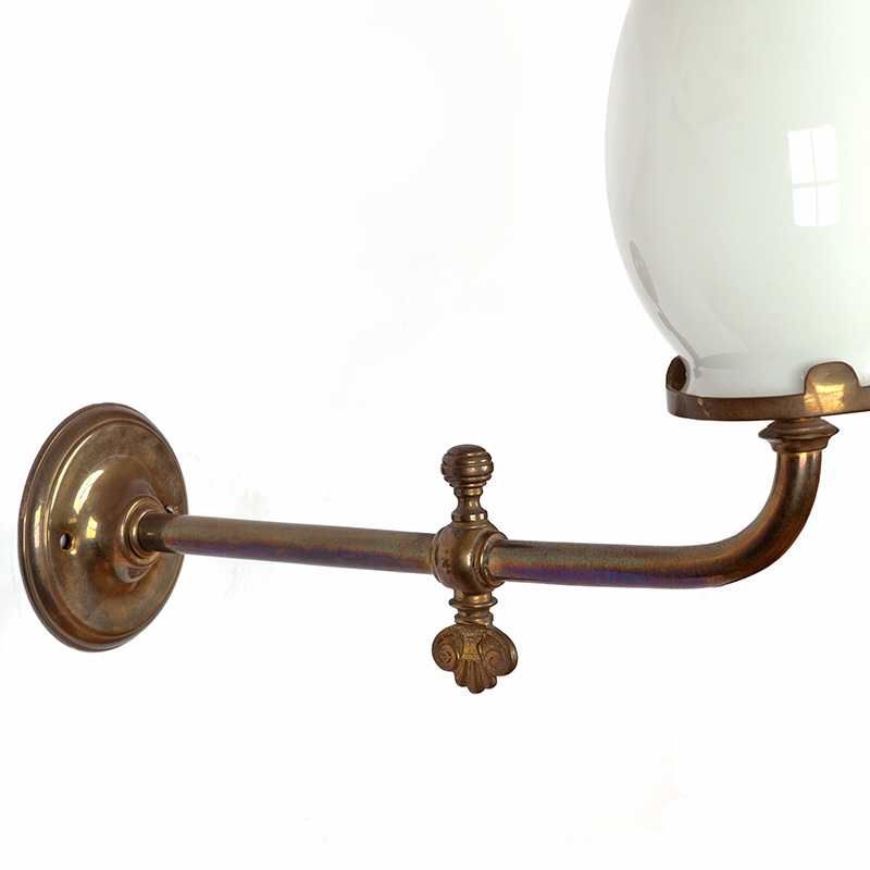 Pair of Patinated Brass Victorian Gas Wall Lights with Oval Opal Glass Shades