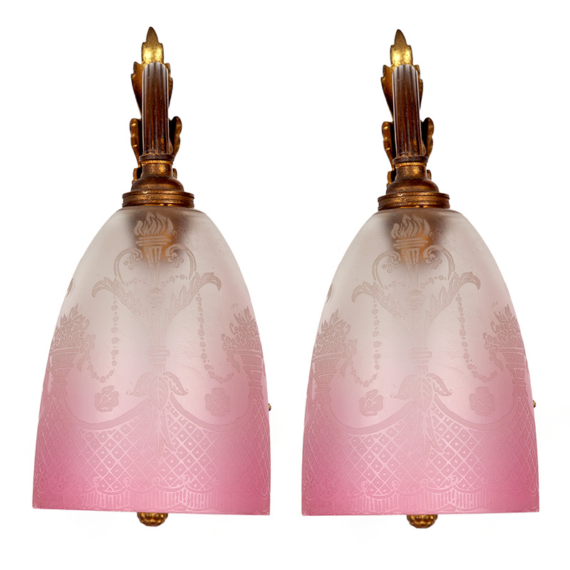 Pair of Converted Gas Wall Lights with Etched Gradating Pink Shades (c.1880)