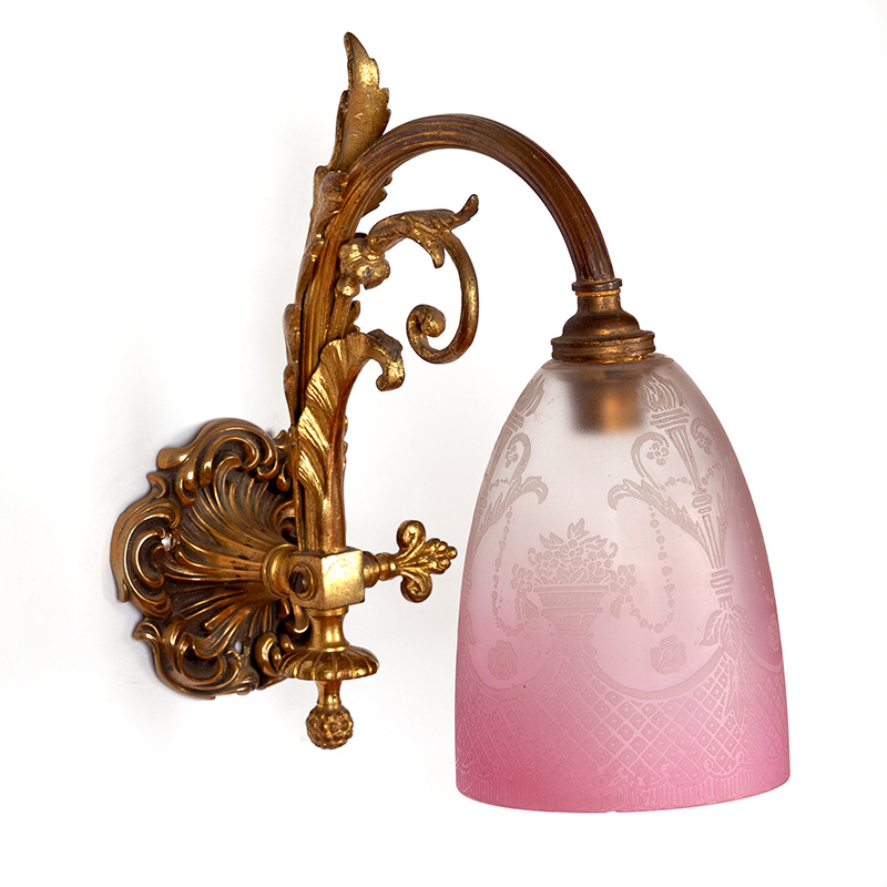Pair of Converted Gas Wall Lights with Etched Gradating Pink Shades
