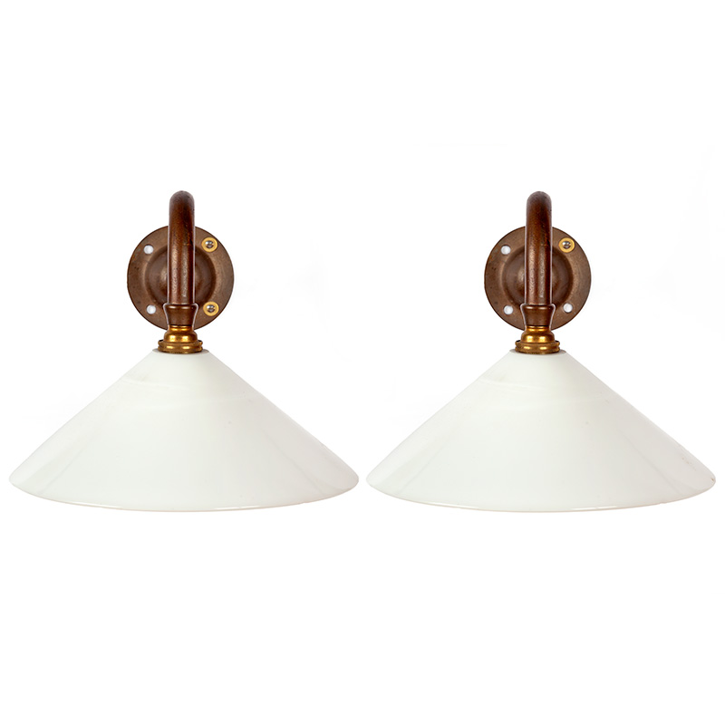 Pair of Art Deco Brass Wall Lights with Opal Coolie Shaped Shades